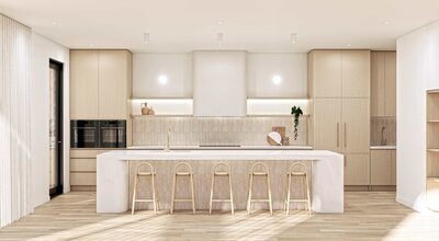 Solis - Open plan kitchen with a large marble island breakfast bar, timber cabinetry, and integrated lighting.