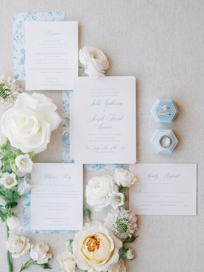 Beautiful flay-lay invitation suite styled perfectly by NJ Wedding Photographers | Michelle Behre Photography