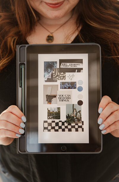 Brand + Website Design for service-based businesses|Mad Impact Design|Fresh Identity|Mini Branding| Hands holding an iPad with moodboard