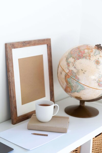 office space decor with a notebook and mug