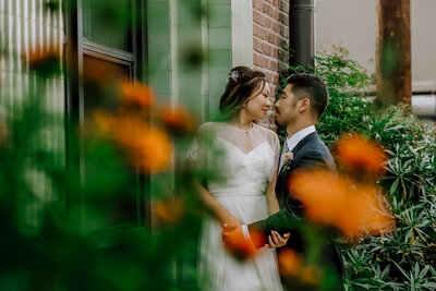 Bride and groom walk up memorial steps at their DC wedding