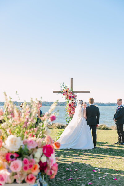 ceremony in the bride's childhood backyard
