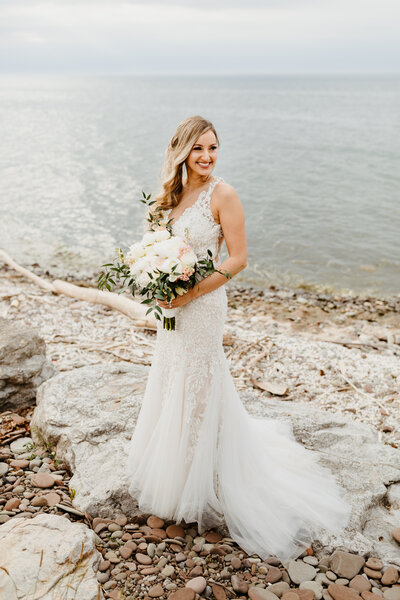 bridal shoot next to lake shore