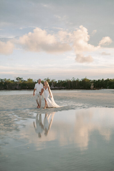 bride and groom embracing at sunset