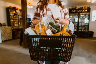 Person holding basket of groceries