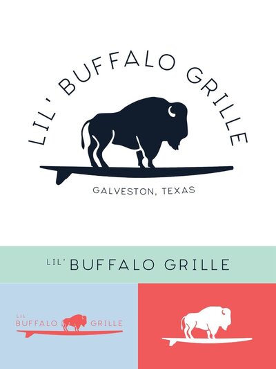 Primary and alternate logo designs for Lil' Buffalo Grille featuring a buffalo standing on a surfboard with the tagline “Galveston, Texas.” Includes monochrome and full-color variations in coral, mint, and navy.