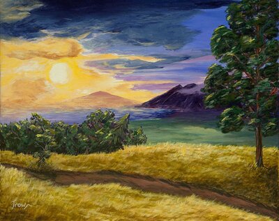 Paintng of a golden sunset viewed from high on the mountain of Maui looking toward the ocean and islands in the distance