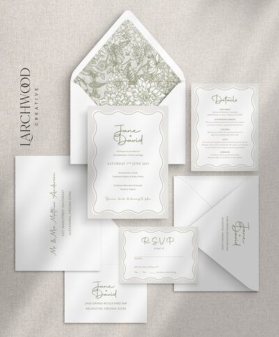 The Blythe 5-piece semi-custom wedding invitations suite — a green and tan garden-inspired design with wavy borders and modern handwritten script.