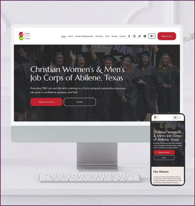 Mockup showing desktop and mobile views of a nonprofit website for Christian Job Corps of Abilene, TX, featuring a dark header with serif text and mission-focused layout