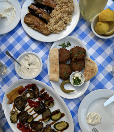 Spread of Turkish Cuisine on a white linen table