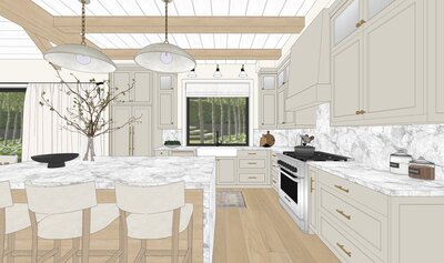 Ashley de Boer Interiors creates a transitional kitchen featuring traditional elements blended with contemporary and French accents.
