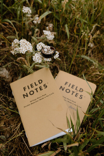 photo of field notes notebooks laying in the grass taken by Mountain elopement photographer colorado
