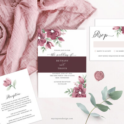 burgundy wedding invitations with watercolor florals