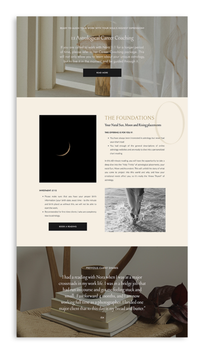 Showit Web Design mockup by Temple Dreams Studio for astrological career coach