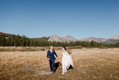 A bride and groom walk through Tuolumne Meadows in Yosemite National Park. 