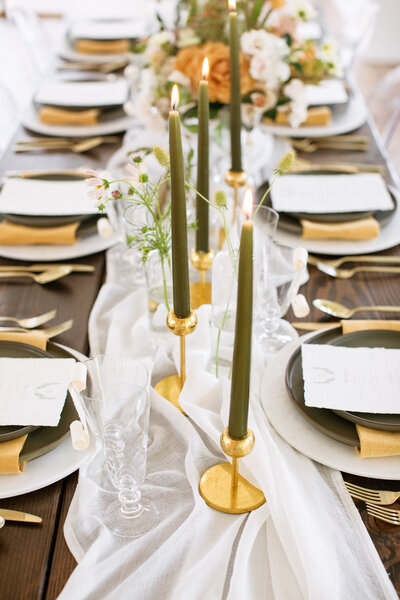 Elegant Farmhouse Tablescape with Green and Gold Decor