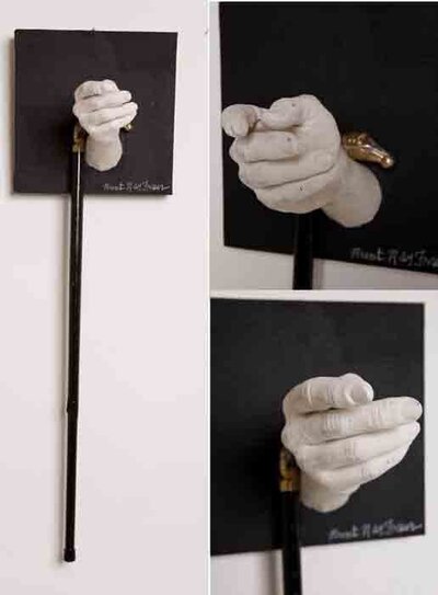Patronage, 2008 -  Plaster cast of Brent Ray Fraser's hand & mixed media on wood panel 12%22x12%22