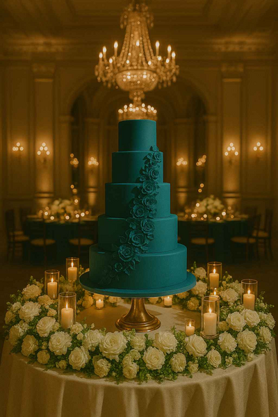 5 tier luxury wedding cake in transformative teal color
