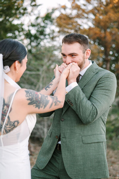 Bride and groom during first look at Austin wedding