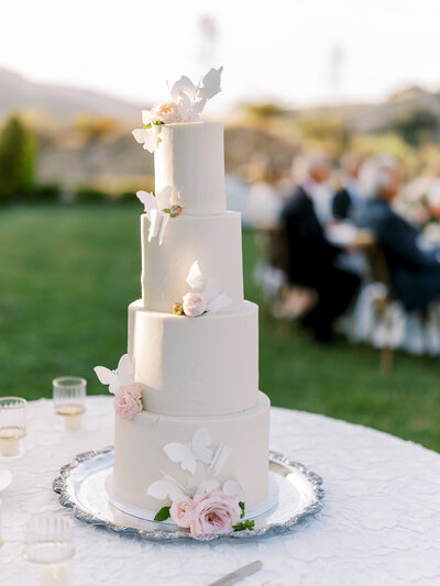 Bride and groom during their wedding ceremony with the brides face full of happiness and emotion. She wears a delicate and romantic classic lace wedding gown