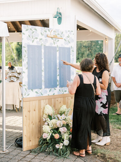 Custom calligraphy wedding seating chart with a light wood accent, florals, wallpaper and two wedding guests finding their names
