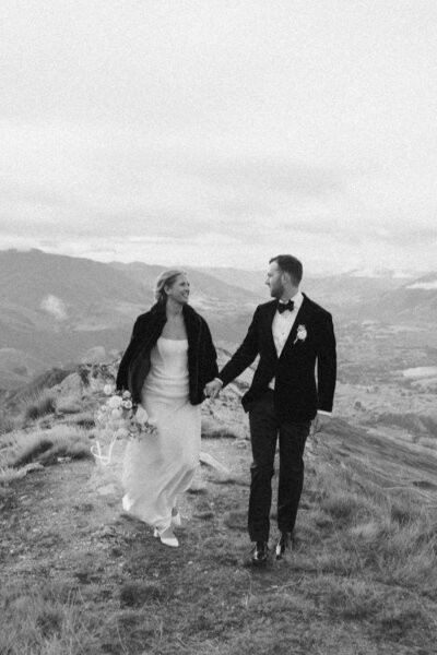Coronet Peak Queenstown Wedding Photographer - photo of bride and groom on the mountain, black and white portrait