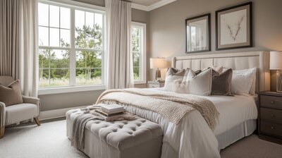 Master Bedroom in soft tans and creams in a transitional style. Interior Designer Sugar Land.