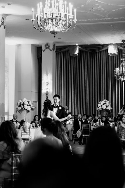 Bride and Groom dancing in the State Ballroom of the Mayflower Hotel wedding venue