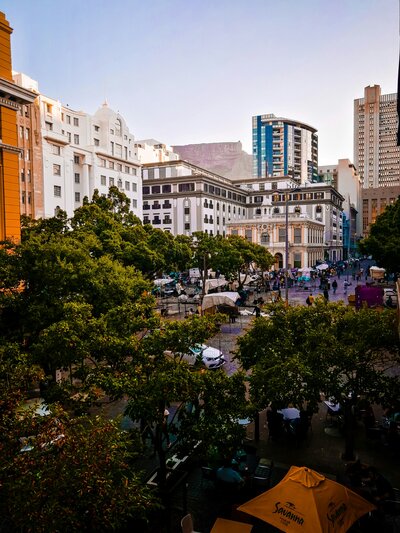 A view of a modern cityscape with various buildings, roads, and palm trees, representing the urban environment of Cape Town.