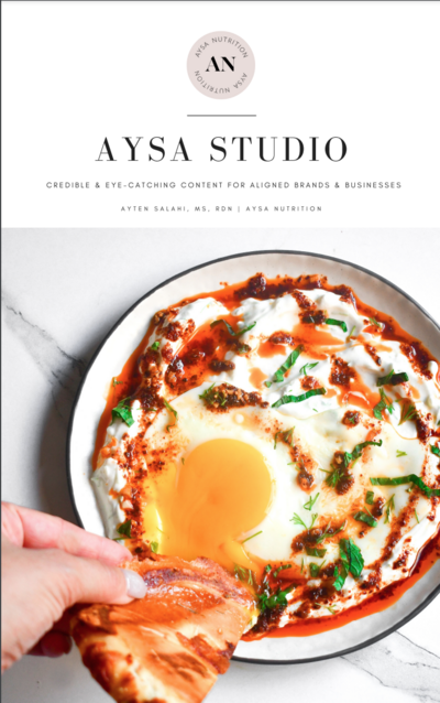 A n image of the Aysa Nutrition media packet with an image of an egg dish on the cover.