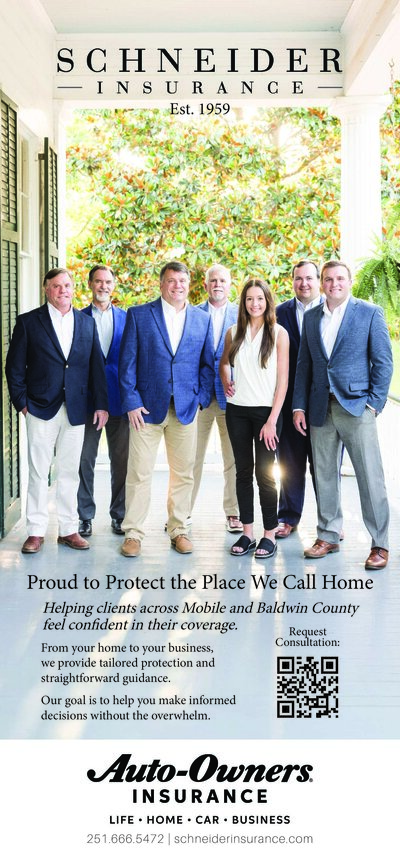 print ad for schneider insurance it reads proud to protect the place we call home helping clients across mobile and baldwin county feel confident in their coverage