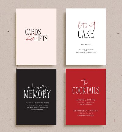 4 options for small signage for your wedding, cake sign, gifts sign, guest bok sign, memory sign