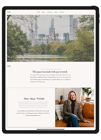 Website design for a female therapist, featuring a city backdrop and a calming, professional aesthetic.
