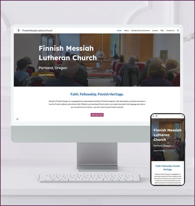 Responsive website mockup for Finnish Messiah Lutheran Church, showing a church service image and a 'Plan Your Visit' section on desktop and mobile screens.