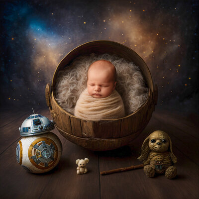 Infant posed in a Star Wars set for Newborn Photos in Charleston, SC,