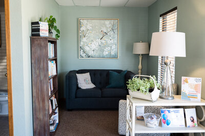 lobby and lending library in the birth center