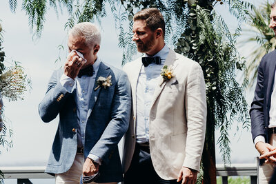 LGBTQIA+ couple crying at Sydney wedding