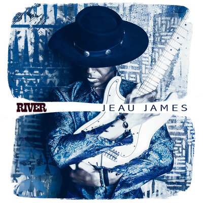 Single cover River music artist Jeau James cradling guitar wide brim black hat shielding eyes blue toned black and white image