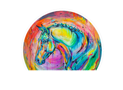 holistic horse wisdom logo - colorful abstract painting of a horse in a half circle