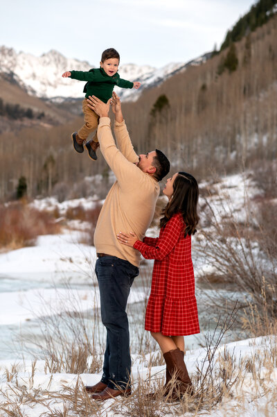 Photograph of a family in the snow at the base of Beaver Creek, Colorado