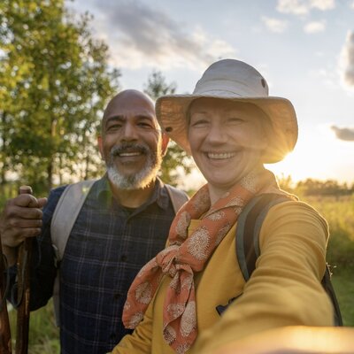 Couple hiking during anniversary getaway.