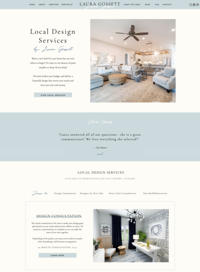 Interior designer Showit website page
