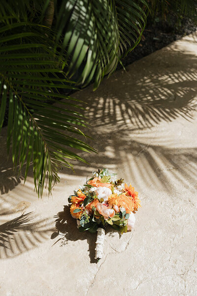 tropical wedding in Mexico with colorful bouquet