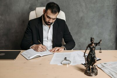 Man writing and organizing paperwork at desk
