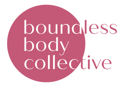 Pink circle with "boundless body collective" overlaid on top of it.