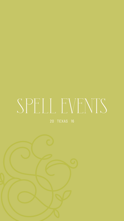 Spell Events cream logo on a chartreuse background with the monogram logo faded in the corner