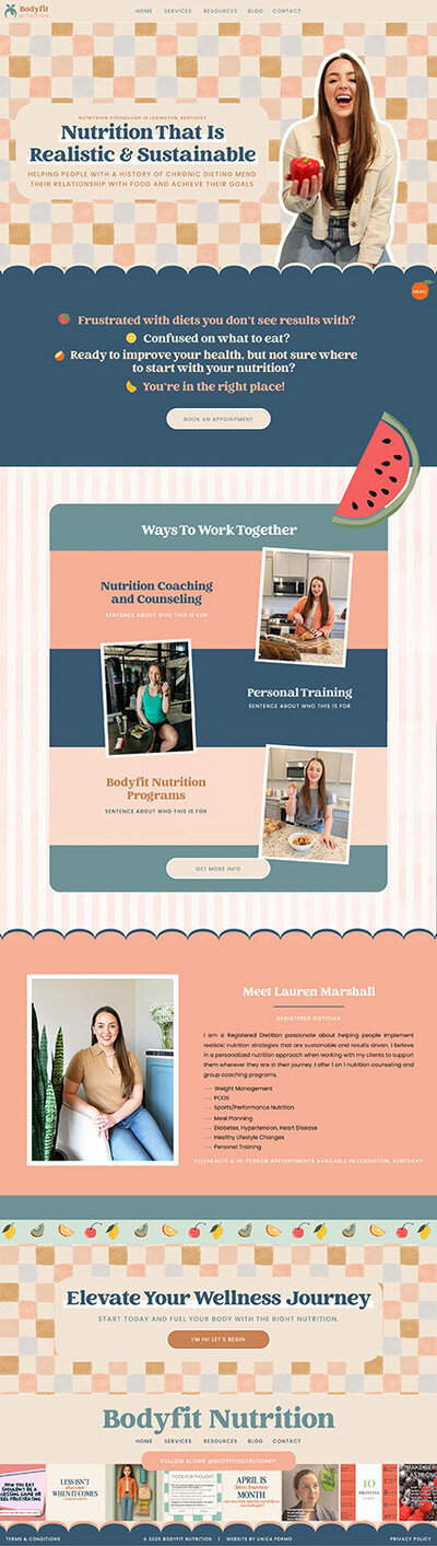 Bodyfit Nutrition website homepage featuring a smiling woman holding a red apple. Text promotes realistic, sustainable nutrition and services like coaching and personal training. Design elements include a watercolor background, watermelon graphic, and pastel color scheme conveying a friendly, welcoming tone.