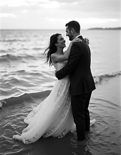 Bride and groom hugging