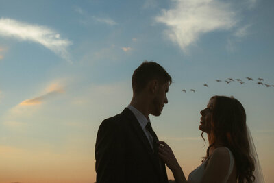 Cinematic bride and groom sharing a quite moment during portraits in Washington Missouri