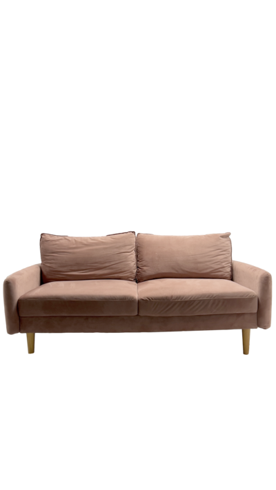 Beautiful, blush/light pink velvet upholstered modern settee small accent couch available for rent in Milwaukee, perfect for adding some style and elegance to a photoshoot, photobooth, focal area at a wedding, conference, birthday party, bridal shower or baby shower.